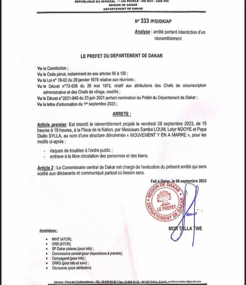 Prévue vendredi, la manifestation du F24 interdite par le préfet de Dakar