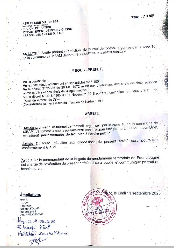 Le sous-préfet de Djilor interdit un tournoi de foot dénommée "coupe du président Sonko"
