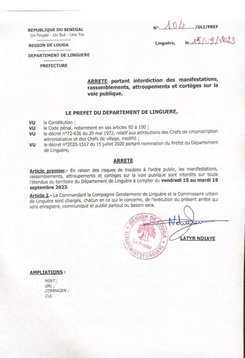 La tournée de Malick Gackou interdite dans le Djolof (document) La tournée de Malick Gackou interdite dans le Djolof (document)