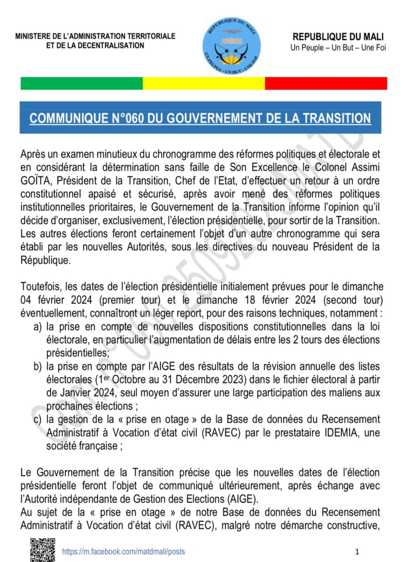 Mali: le gouvernement de transition annonce le report des élections prévues pour février 2024 Mali: le gouvernement de transition annonce le report des élections prévues pour février 2024