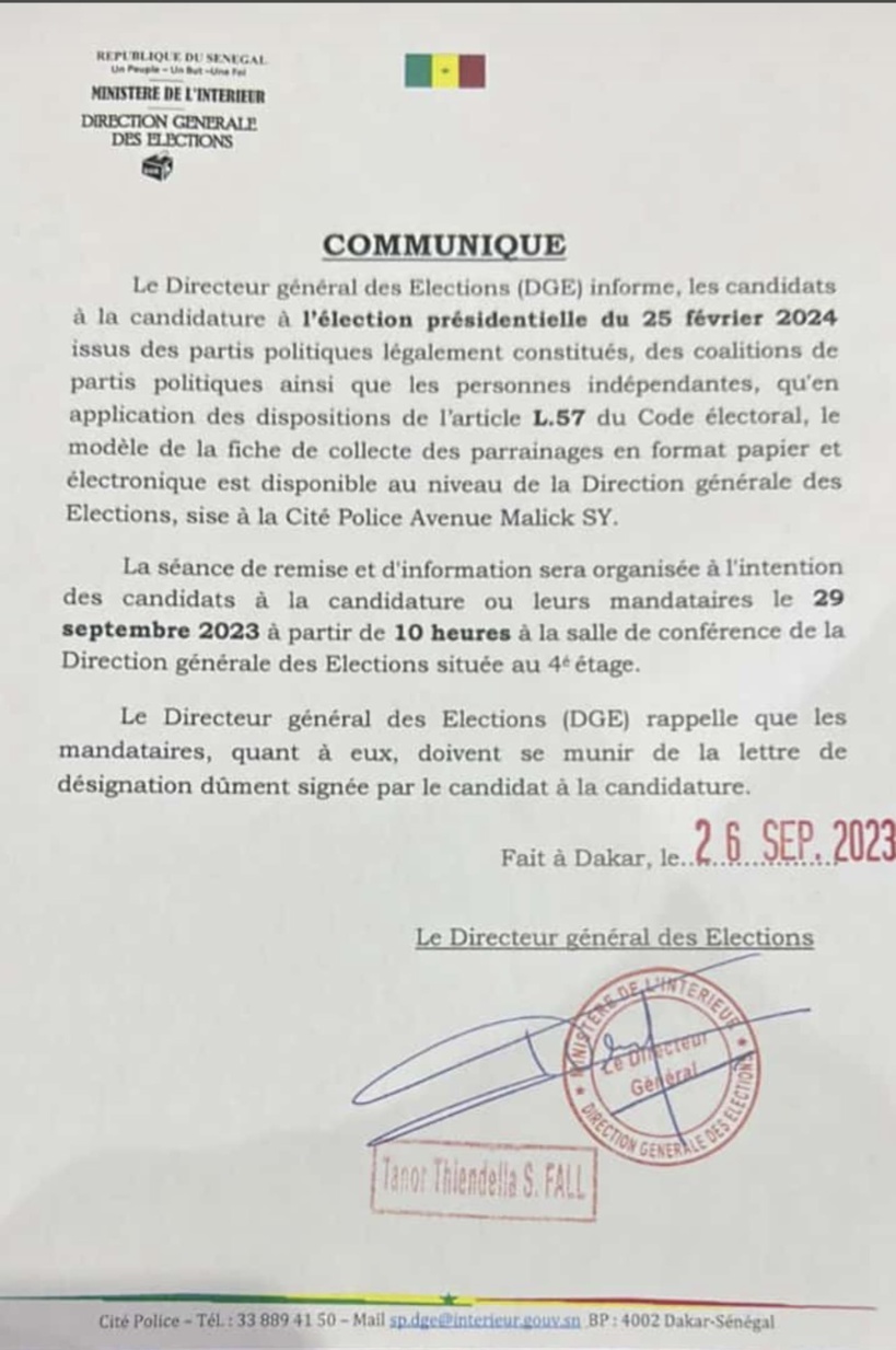 Parrainage: la séance de remise des fiches et d’information aux candidats prévue le 29 septembre à la DGE Parrainage: la séance de remise des fiches et d’information aux candidats prévue le 29 septembre à la DGE