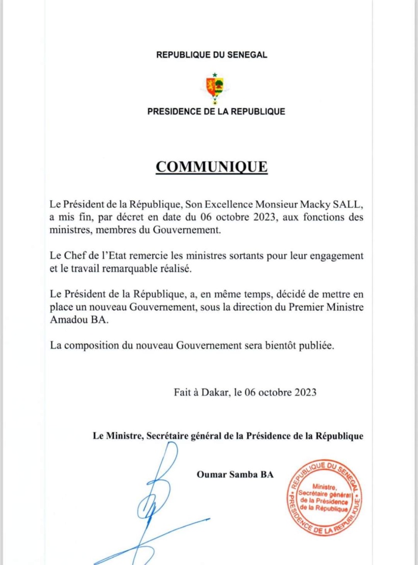 Le Président Macky Sall met fin aux fonctions des membres du Gouvernement