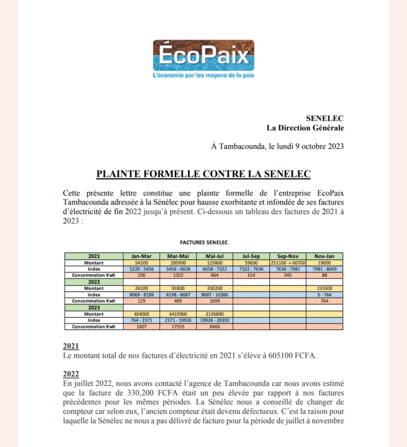 Hausse facture à Tamba: une entreprise qui œuvre dans le social dépose une plainte contre la Senelec (documents) Hausse facture à Tamba: une entreprise qui œuvre dans le social dépose une plainte contre la Senelec (documents)