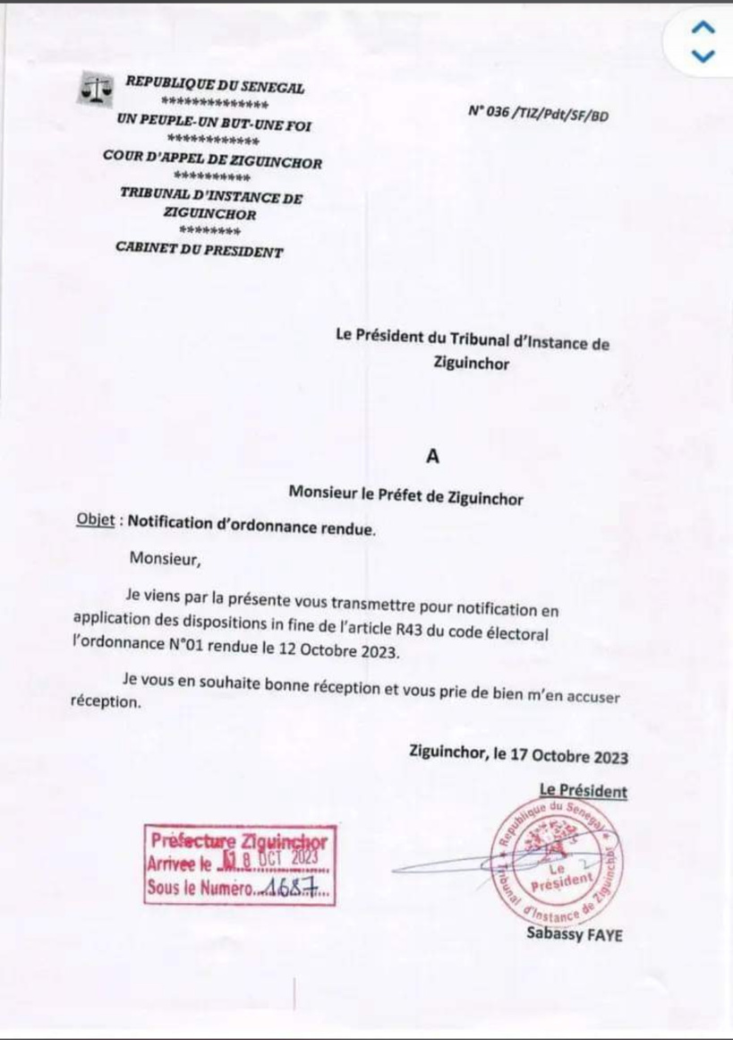 Annulation radiation Ousmane Sonko: le juge Sabassy Faye a rendu l’ordonnance du jugement au Préfet de Ziguinchor Annulation radiation Ousmane Sonko: le juge Sabassy Faye a rendu l’ordonnance du jugement au Préfet de Ziguinchor