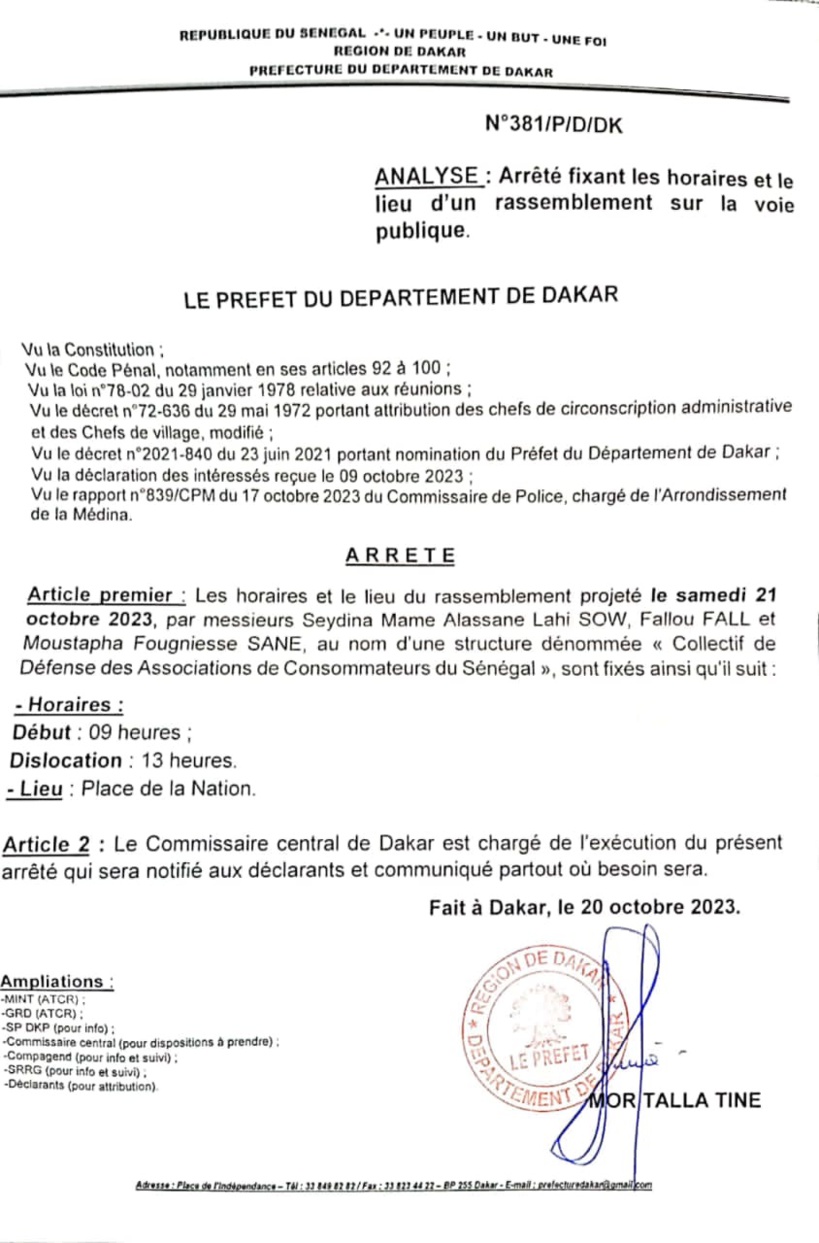 Le Rassemblement contre la hausse des prix de samedi « autorisé » par le Préfet de Dakar Le Rassemblement contre la hausse des prix de samedi « autorisé » par le Préfet de Dakar