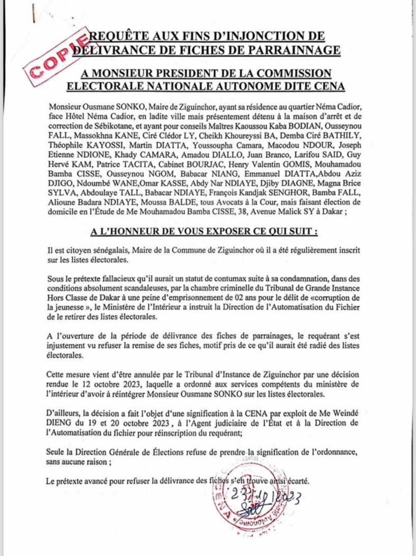 Délivrance des fiches de parrainage: les avocats de Sonko saisissent la Commission Électorale Nationale Indépendante
