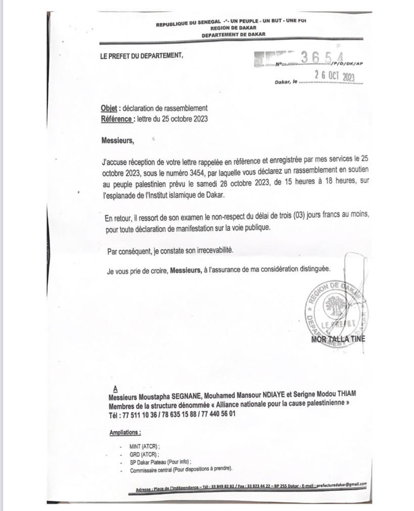 Le Préfet de Dakar interdit une marche de soutien à la Palestine prévue samedi Le Préfet de Dakar interdit une marche de soutien à la Palestine prévue samedi
