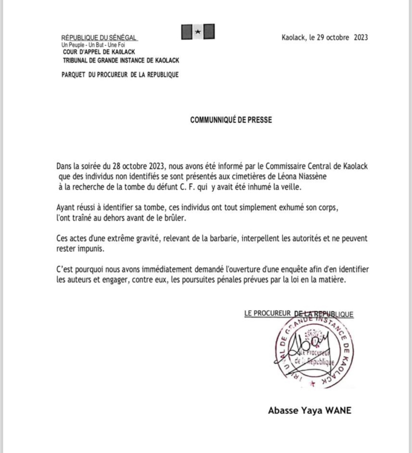Profanation du corps d’un homosexuel présumé à Kaolack: le procureur de la République annonce l’ouverture d’une enquête et la traque des auteurs Profanation du corps d’un homosexuel présumé à Kaolack: le procureur de la République annonce l’ouverture d’une enquête et la traque des auteurs