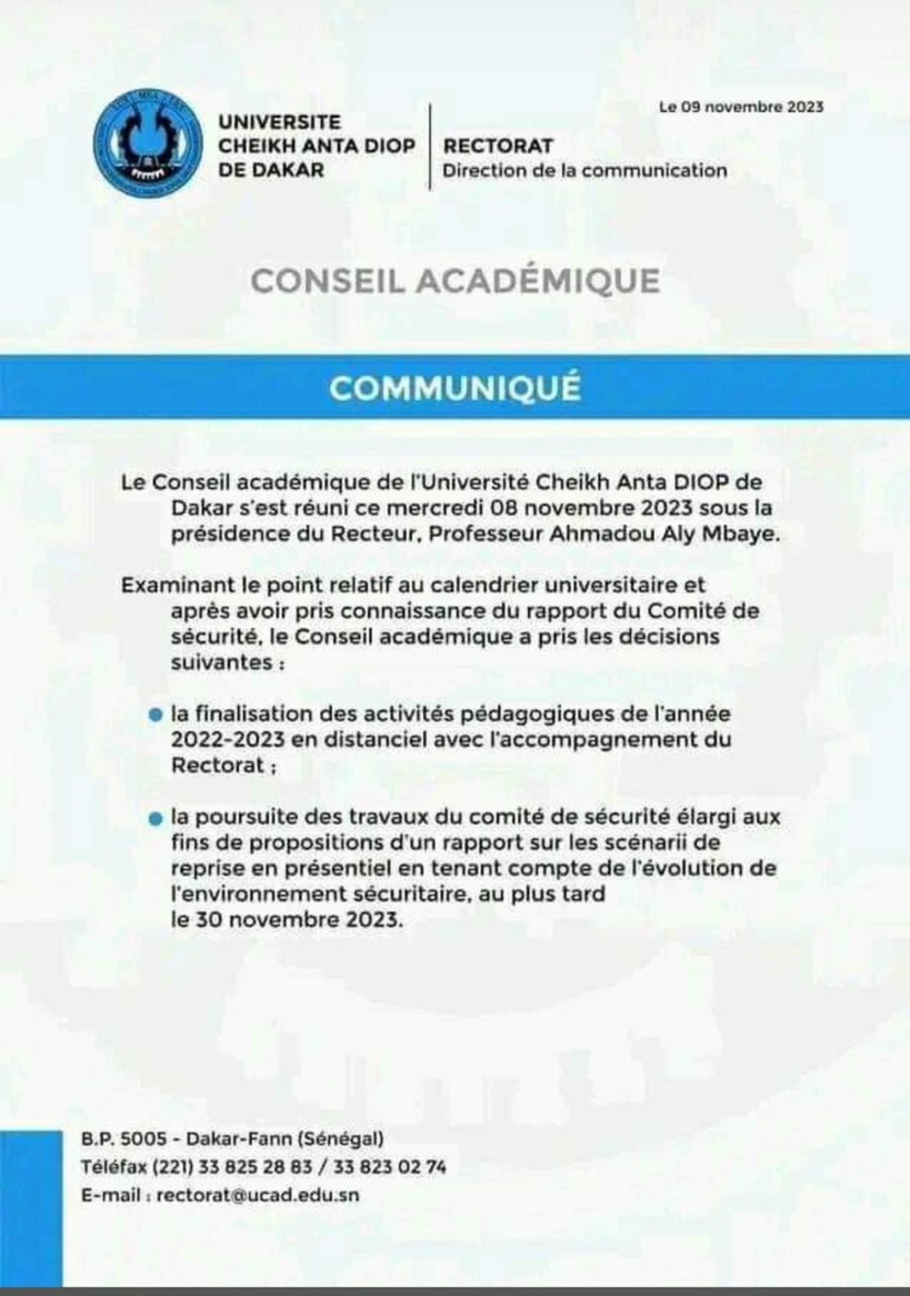 UCAD: Le Conseil académique prolonge l'année" en "Distanciel" 2 Le Conseil académique de l'Ucad prolonge la date des cours à distanciel