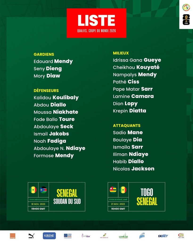 Éliminatoires Coupe du monde 2026 : Aliou Cissé convoque 26 joueurs