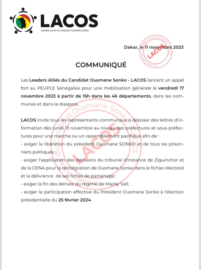 Les Leaders Alliés du Candidat Ousmane Sonko appellent à une mobilisation générale le 17 Novembre 2023
