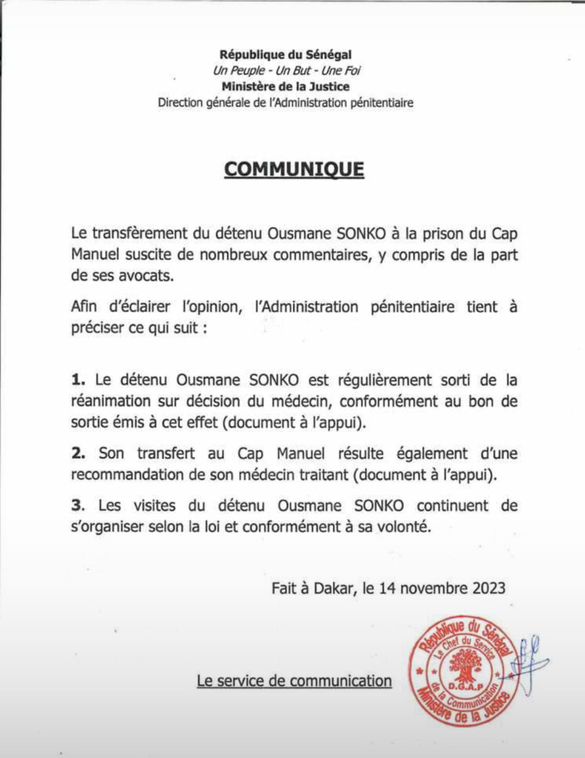 Ousmane Sonko a été transféré au Cap Manuel sur recommandation de son médecin, affirme le ministère de la Justice