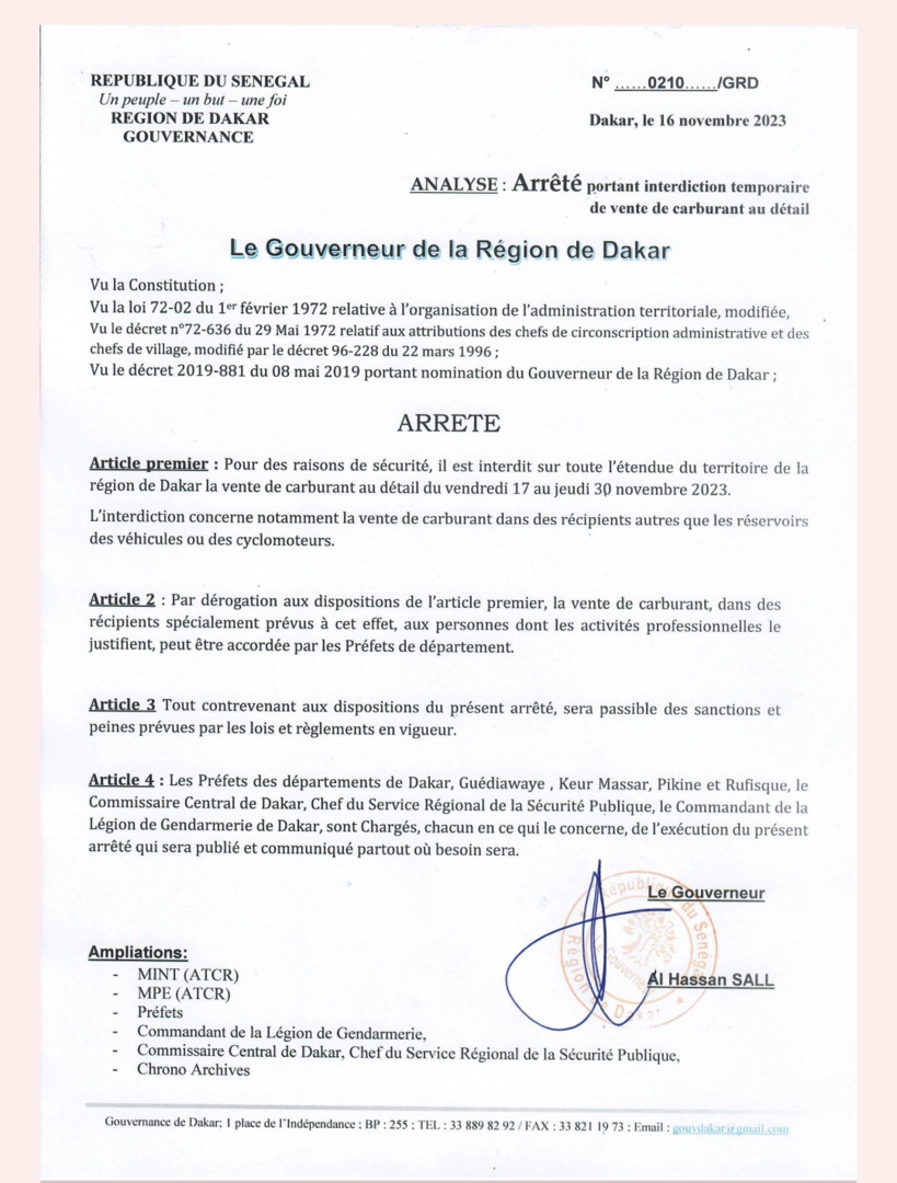 Dakar : la vente de carburant en détail interdite (arrêté)