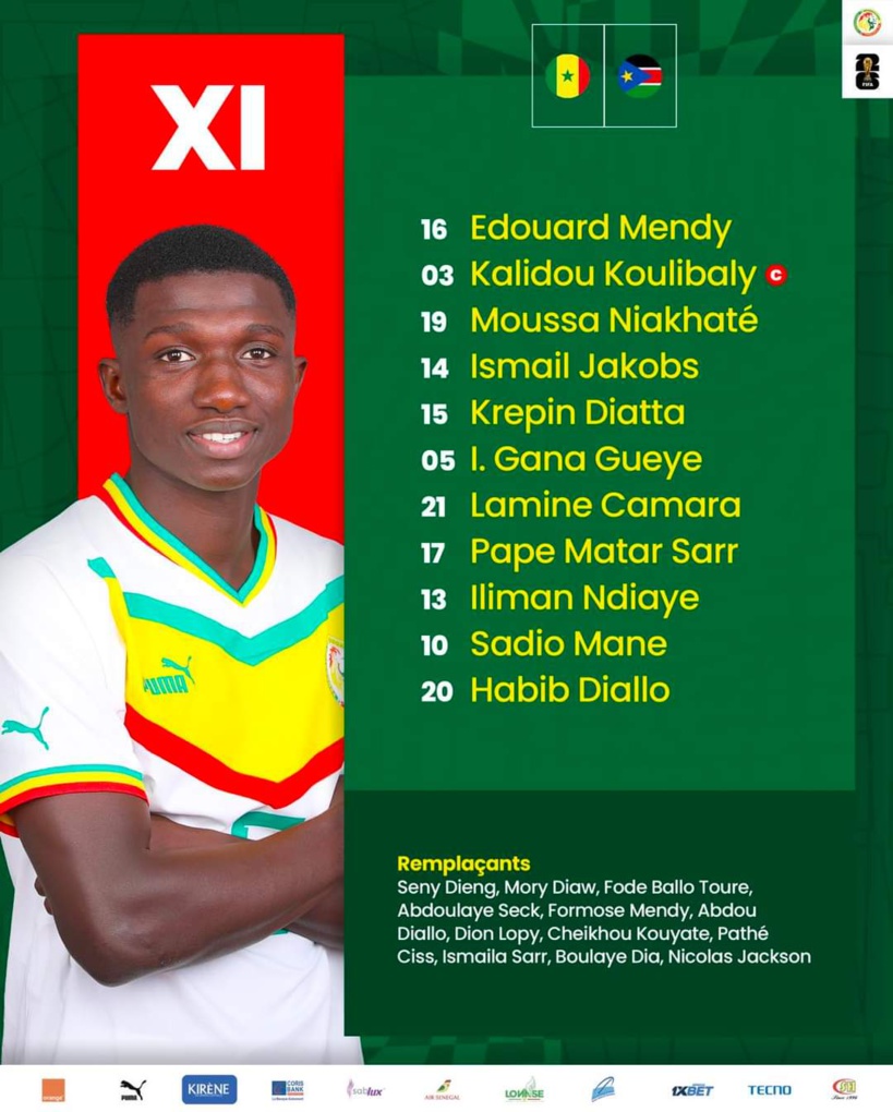 Le onze de départ des Lions contre le Soudan du Sud avec Lamine Camara Le onze de départ des Lions contre le Soudan du Sud avec Lamine Camara