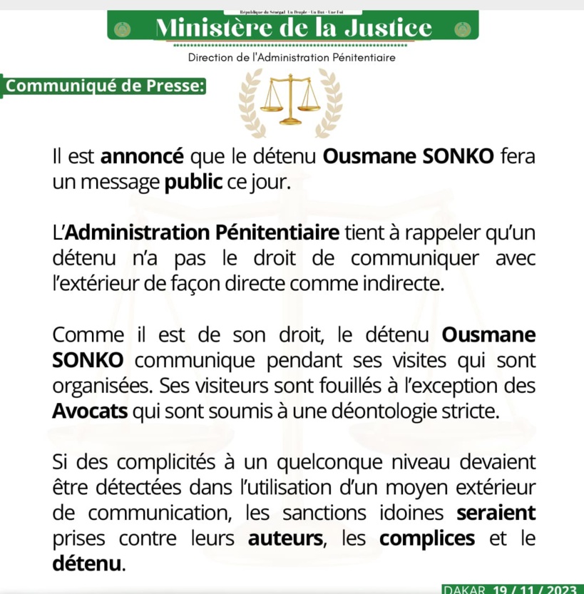 Message annoncé de Ousmane Sonko ce dimanche: l’Administration pénitentiaire menace Message annoncé de Ousmane Sonko ce dimanche: l’Administration pénitentiaire menace