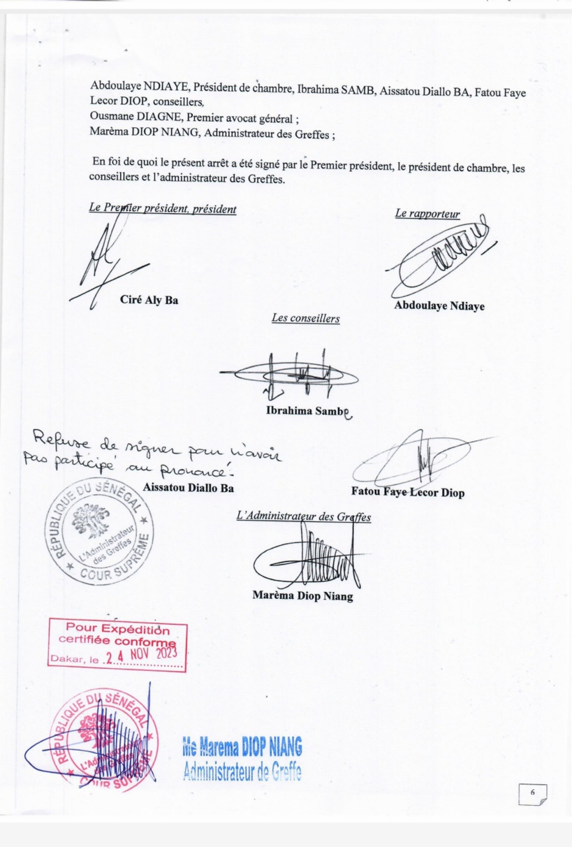 Radiation de Sonko: l'arrêt de la Cour suprême publiée sans la signature du Juge Aîssata Diallo Ba