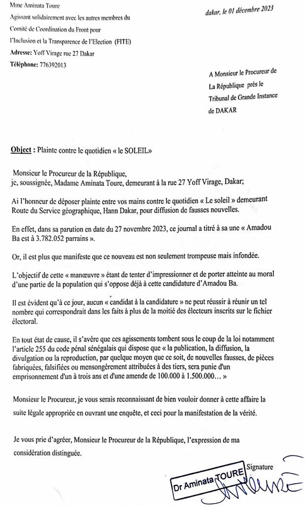 3,7 millions de Parrains de Amadou Ba: Mimi Touré porte plainte contre Le Soleil