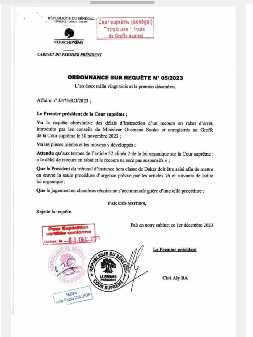 La Cour suprême rejette la requête abréviative du traitement du rabat d'arrêt introduit par les avocats de Sonko La Cour suprême rejette la requête abréviative du traitement du rabat d'arrêt introduit par les avocats de Sonko