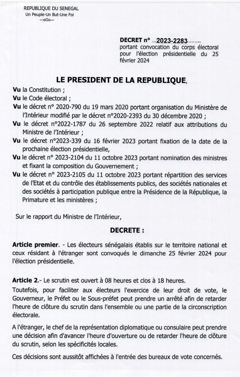 Présidentielle 2024: le ministre de l'Intérieur publie le décret portant convocation du corps électoral 