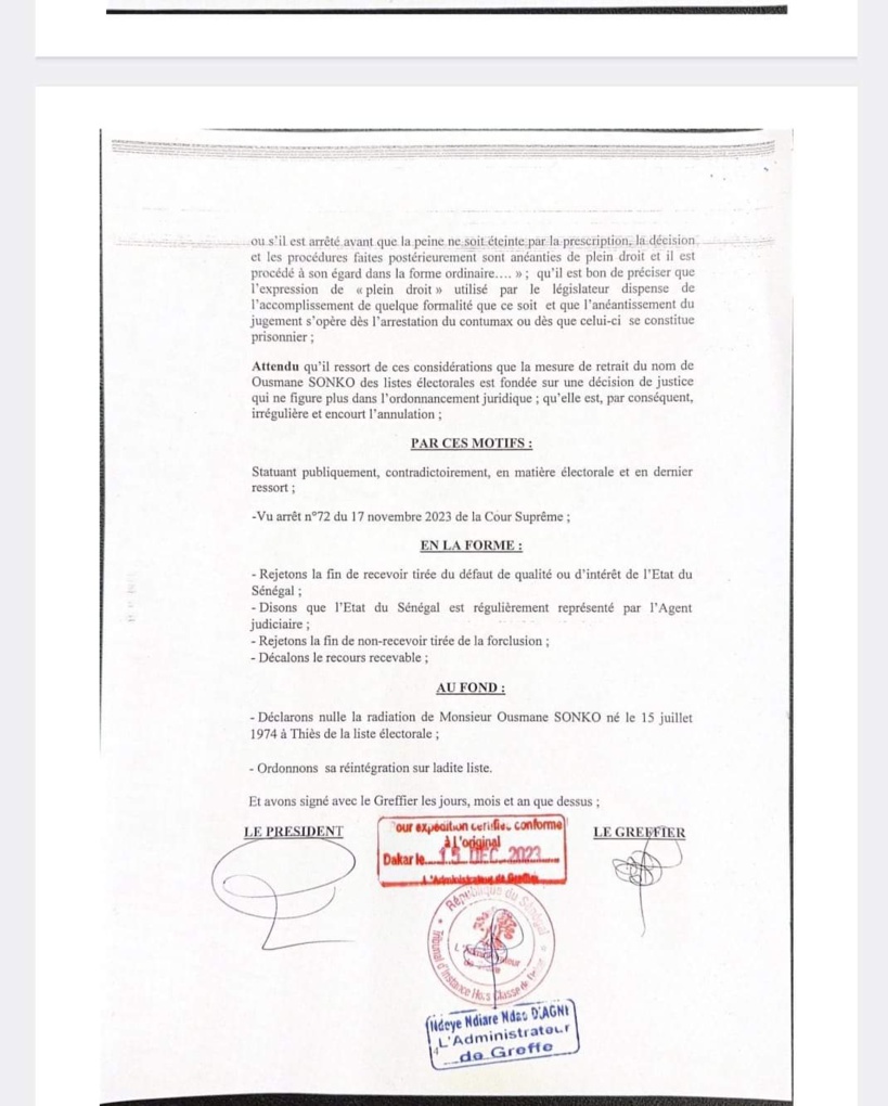 Réintégration de Sonko sur les listes électorales :  le juge Thione publie l'intégralité de l'ordonnance, 24 h après son verdict