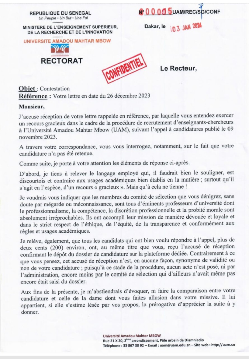  La réponse du recteur de l’université Amadou Mahtar Mbow à la lettre ouverte du Dr Tafsir Mamour BA