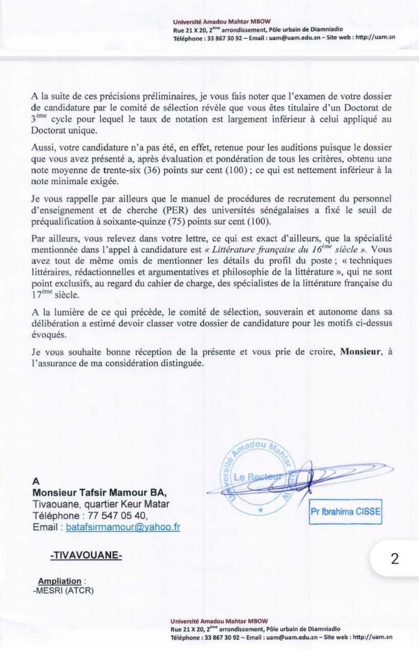 La réponse du recteur de l’université Amadou Mahtar Mbow à la lettre ouverte du Dr Tafsir Mamour BA La réponse du recteur de l’université Amadou Mahtar Mbow à la lettre ouverte du Dr Tafsir Mamour BA
