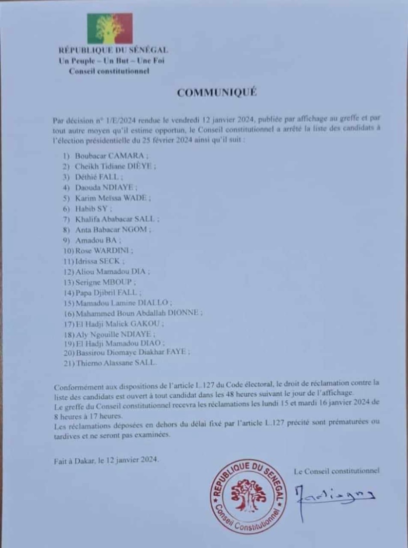 Présidentielle 2024: le Conseil constitutionnel publie la liste provisoire des candidats