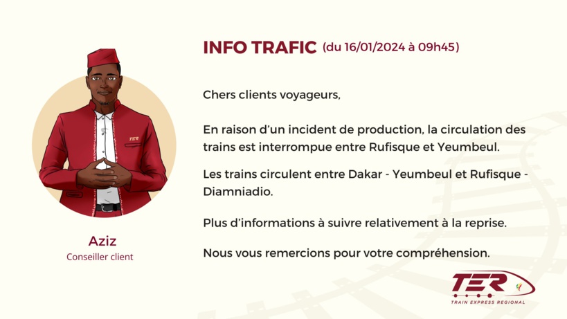 Circulation du TER: plusieurs usagers bloqués entre Keur Mbaye Fall, Yeumbeul, Mbao après un incident qui a fait un mort