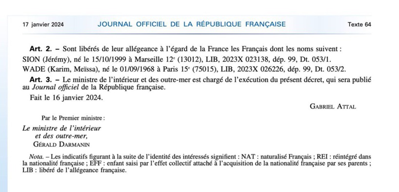 Karim Wade n'a perdu sa nationalité française qu'hier par décret du Premier ministre publié ce mercredi au Journal officiel 
