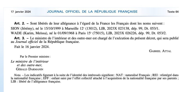 Karim Wade n'a perdu sa nationalité française qu'hier par décret du Premier ministre publié ce mercredi au Journal officiel Karim Wade n'a perdu sa nationalité française qu'hier par décret du Premier ministre publié ce mercredi au Journal officiel