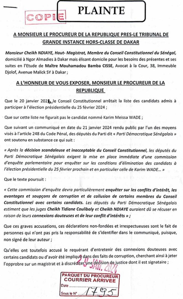 Soupçons de corruption : le juge Cheikh Ndiaye du Conseil constitutionnel cité par le Pds porte plainte Soupçons de corruption : le juge Cheikh Ndiaye du Conseil constitutionnel cité par le Pds porte plainte