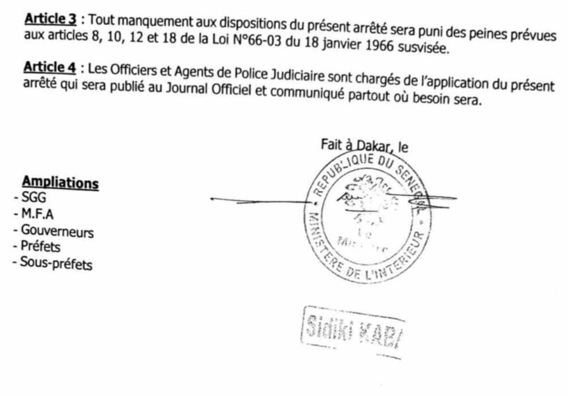 Sénégal : le ministre de l'Intérieur interdit le port d’armes et matières explosives dans la période allant du 25 janvier au 14 avril 2024 (arrêté) Sénégal : le ministre de l'Intérieur interdit le port d’armes et matières explosives dans la période allant du 25 janvier au 14 avril 2024 (arrêté)