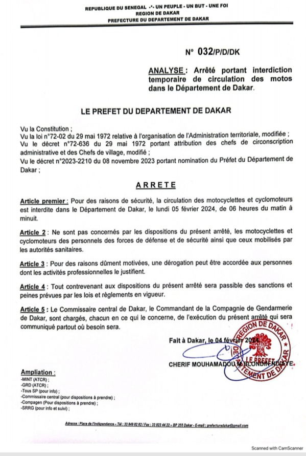 Le préfet de Dakar interdit temporairement la circulation de motos ce lundi