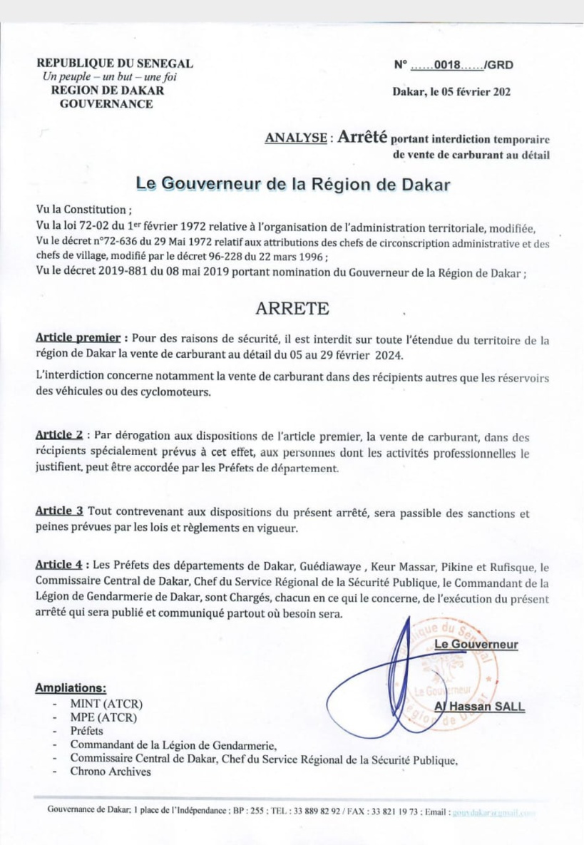Dakar : la vente de carburant en détail interdite du 05 au 29 février Dakar : la vente de carburant en détail interdite du 05 au 29 février