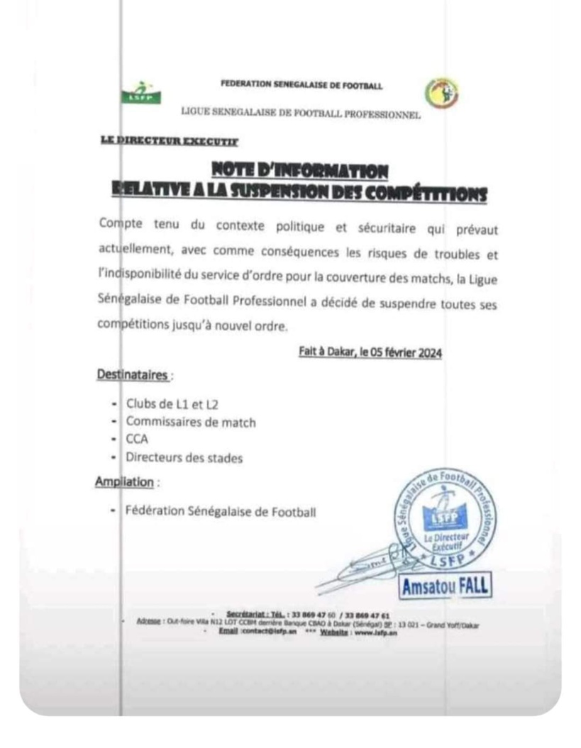 Situation politique tendue: suspension des compétitions de football jusqu'à nouvel ordre Situation politique tendue: suspension des compétitions de football jusqu'à nouvel ordre