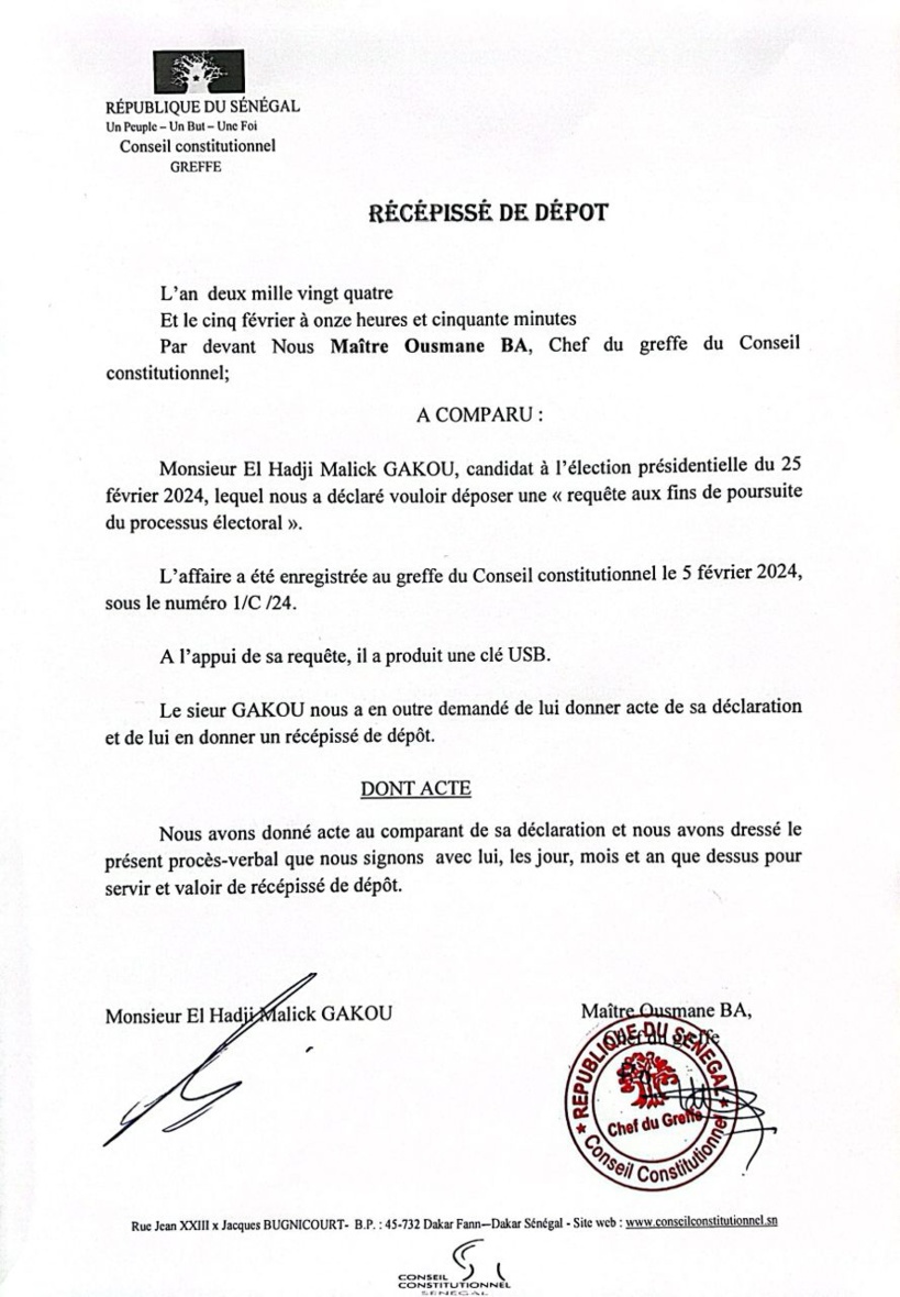 Le candidat Malick Gackou saisit le Conseil constitutionnel d'une requête « aux fins de poursuites du Processus électoral ». Le candidat Malick Gackou saisit le Conseil constitutionnel d'une requête « aux fins de poursuites du Processus électoral ».