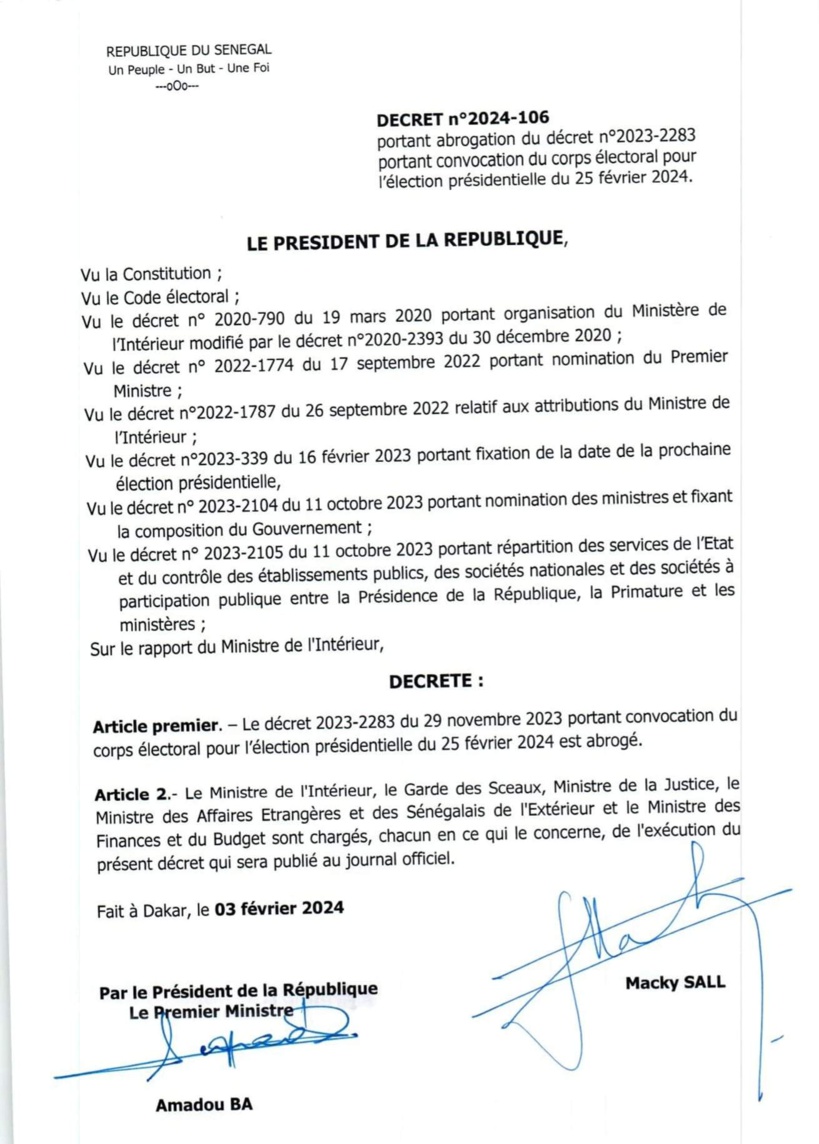 Le décret portant convocation du corps électoral pour la présidentielle 2024 abrogé par Macky Sall rendu public (Document) Le décret portant convocation du corps électoral pour la présidentielle 2024 abrogé par Macky Sall rendu public (Document)