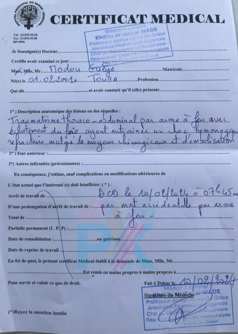 Jeune tué à Colobane : le certificat médical atteste une « mort accidentelle par arme à feu » Jeune tué à Colobane : le certificat médical atteste une « mort accidentelle par arme à feu »