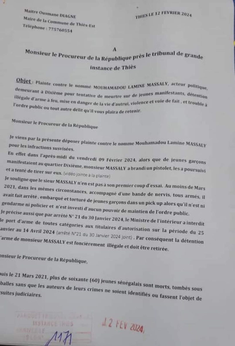 Affaire Massaly : Le maire de Thiès-Est porte plainte pour "tentative de meurtre" et "détention illégale d'arme"