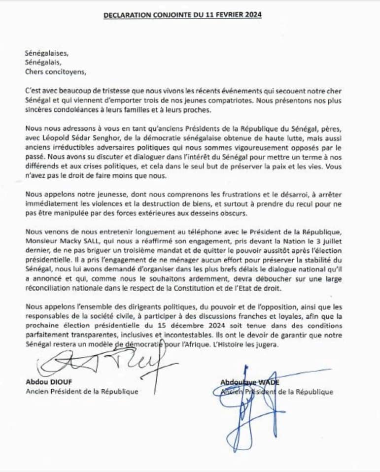 Situation du Sénégal: Voici la lettre conjointe de Abdou Diouf et Me Abdoulaye Wade