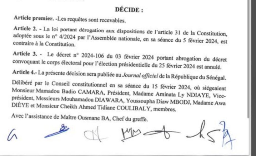 URGENT : le Conseil constitutionnel annule le décret d’abrogation convoquant le corps électoral pour l'élection présidentielle du 25 février 2024  (document)