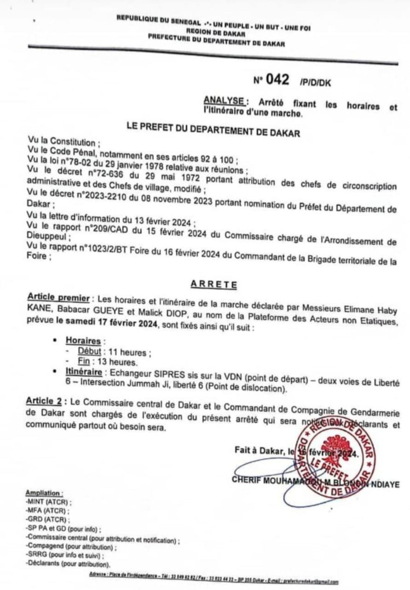 Marche silencieuse du collectif Aar Sunu élection autorisée (document) Marche silencieuse du collectif Aar Sunu élection autorisée (document)