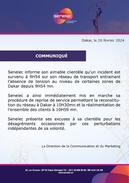 Coupure de courant dans certaines zones de Dakar : la Senelec parle d'un incident sur son réseau de transport et s'excuse