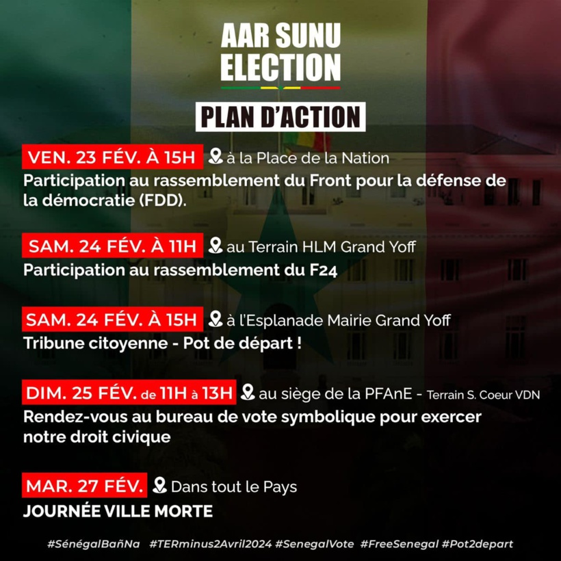 Rassemblement, journée ville morte : Aar Sunu Election dévoile plusieurs plans d’actions pour exiger le respect de la Constitution Rassemblement, journée ville morte : Aar Sunu Election dévoile plusieurs plans d’actions pour exiger le respect de la Constitution