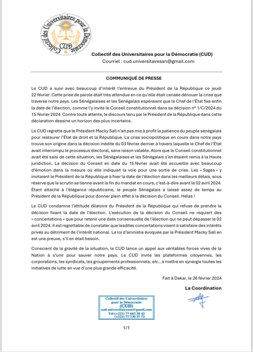  Le CUD parle d'un dialogue pour "des intérêts privés au détriment de l'intérêt national."