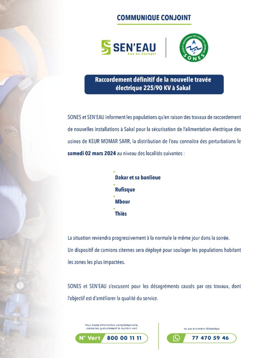 Sénégal : la SEN'EAU annonce des perturbations dans l’approvisionnement en eau dans plusieurs localités du pays durant ce week-end