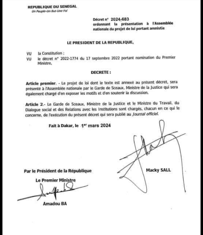 Sénégal - Projet de loi d'amnistie: voici les faits concernés (document) Sénégal - Projet de loi d'amnistie: voici les faits concernés (document)