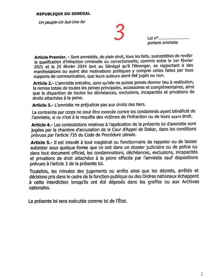 Sénégal - Projet de loi d'amnistie: voici les faits concernés (document) Sénégal - Projet de loi d'amnistie: voici les faits concernés (document)