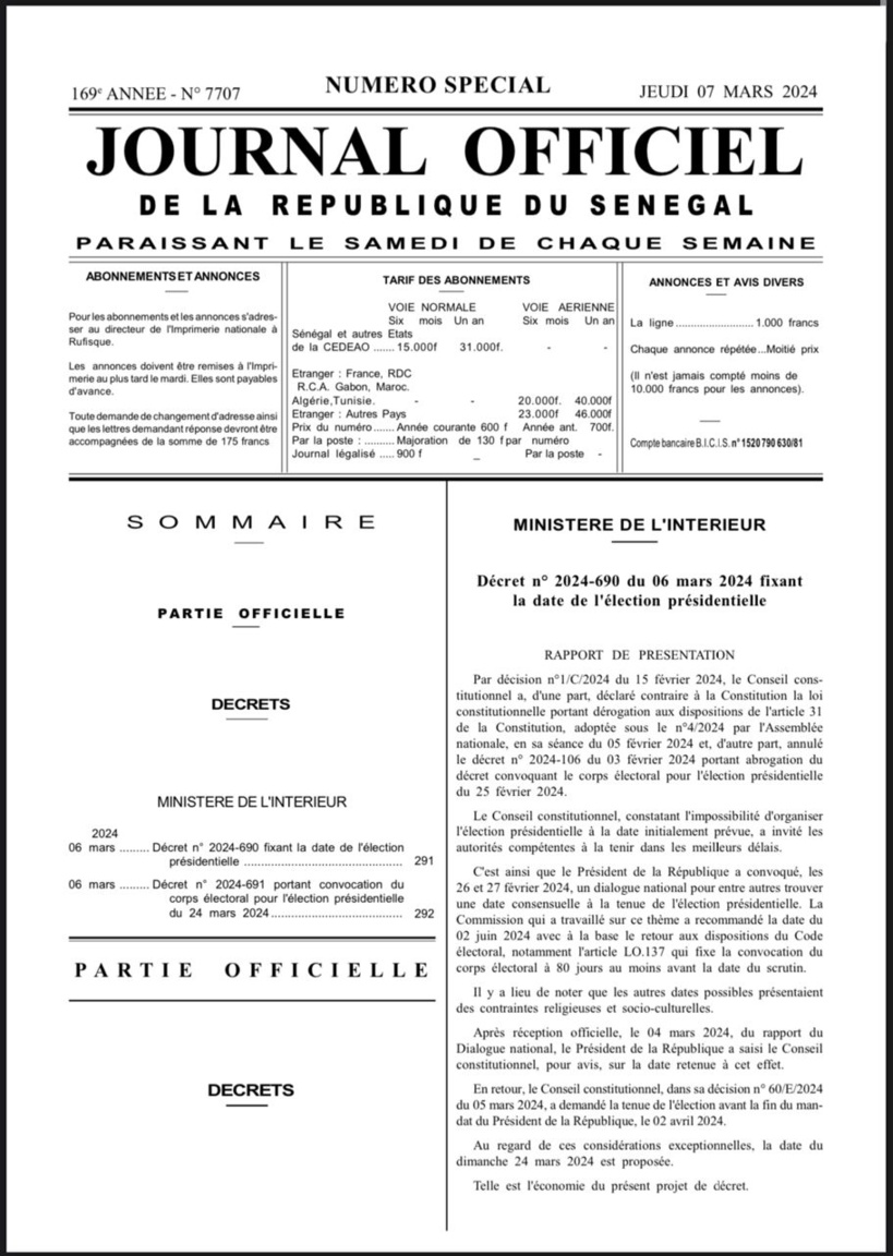 Le décret fixant l'élection présidentielle le 24 mars publié dans le journal officiel (Documents) Le décret fixant l'élection présidentielle le 24 mars publié dans le journal officiel (Documents)