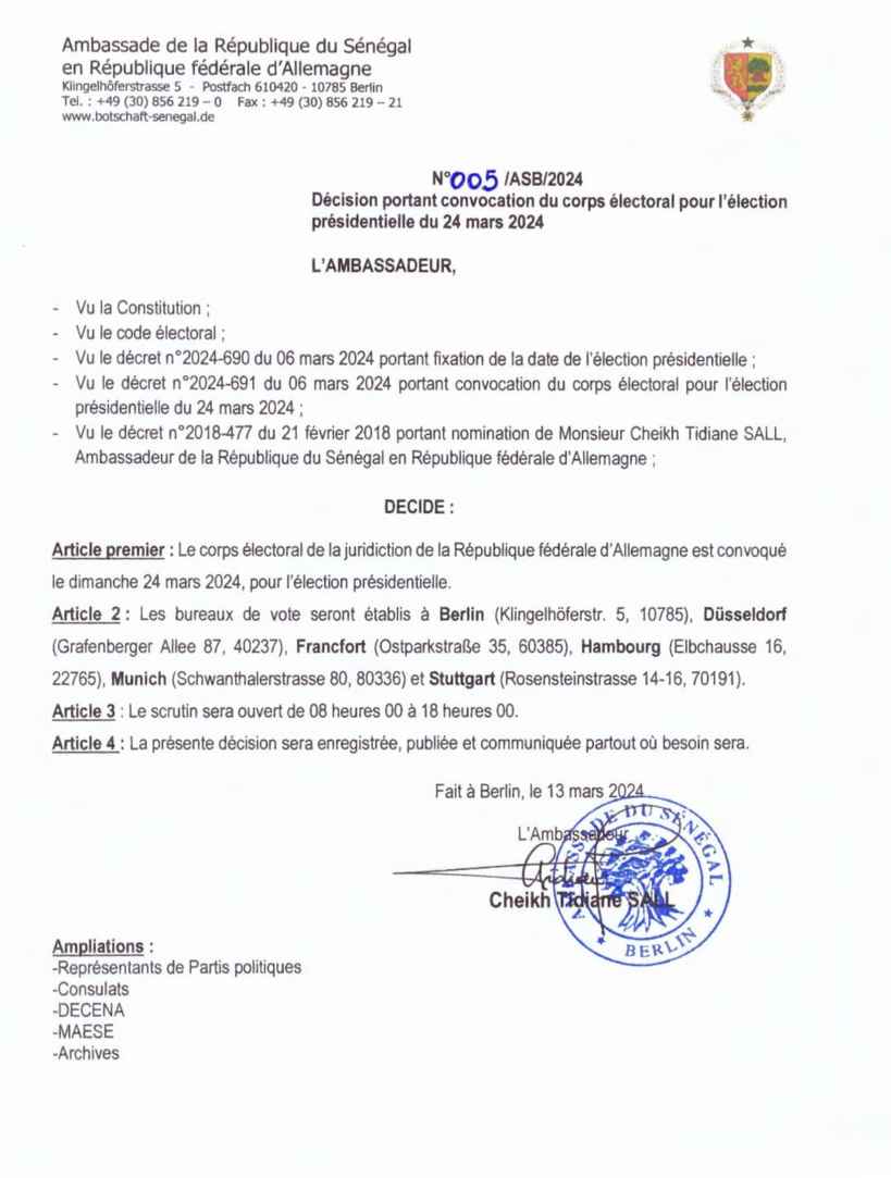 L’ambassadeur du Sénégal en Allemagne convoque le corps électoral pour l’élection présidentielle du 24 mars 2024 L’ambassadeur du Sénégal en Allemagne convoque le corps électoral pour l’élection présidentielle du 24 mars 2024